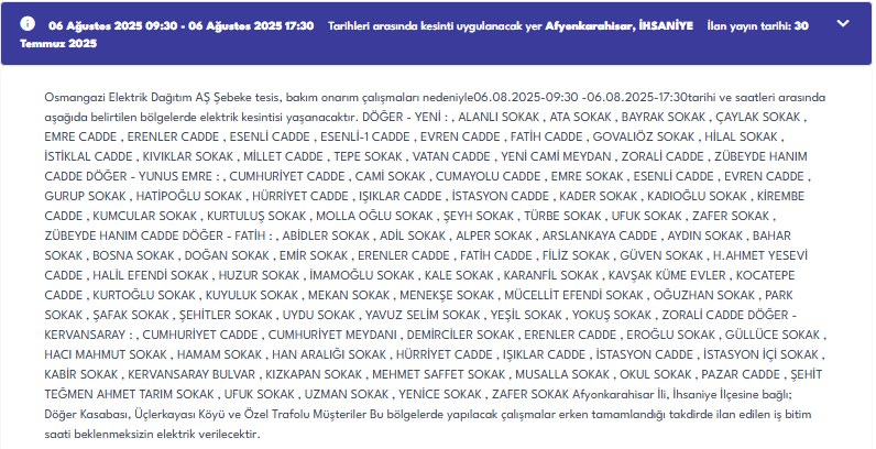 Osmangazi Elektrik'ten Döğer'de Planlı Elektrik Kesintisi